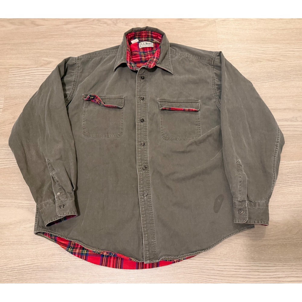 Vintage LL Bean Flannel Plaid Lined Chore Shirt Jacket Mens L Green Canvas USA